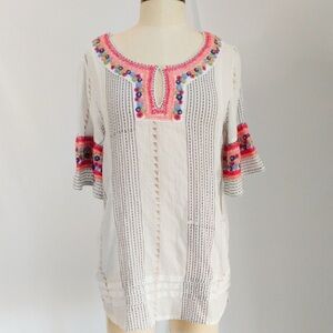 Soft Surroundings Tunic Pockets White Embroidery Beading Imperfect Boho